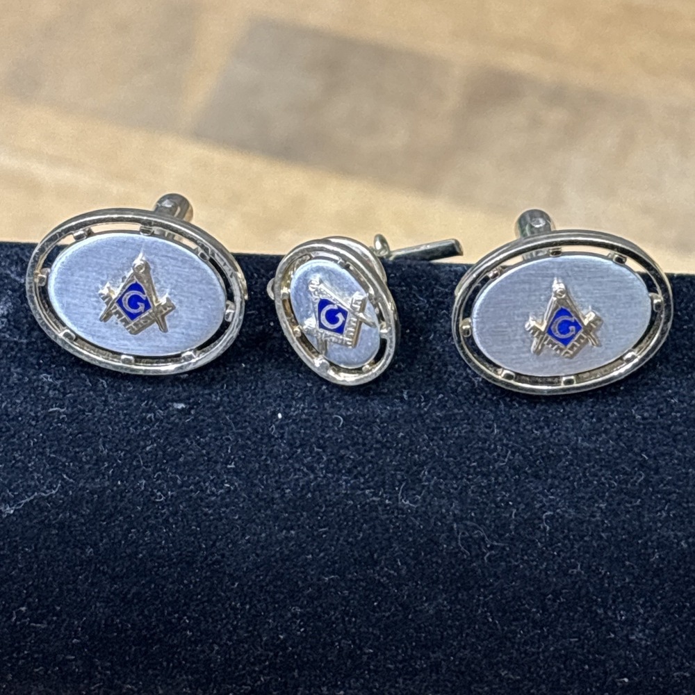 Vintage Anson Masonic Cufflinks Tie Pin Set Blue Enamel Two Tone 1950s 60s